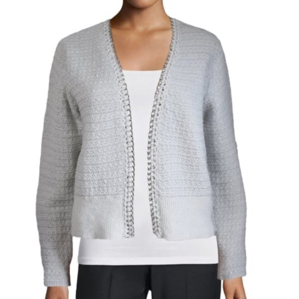 Elie Tahari Silver Chain Trim Knit Long Sleeve Cardigan, Large